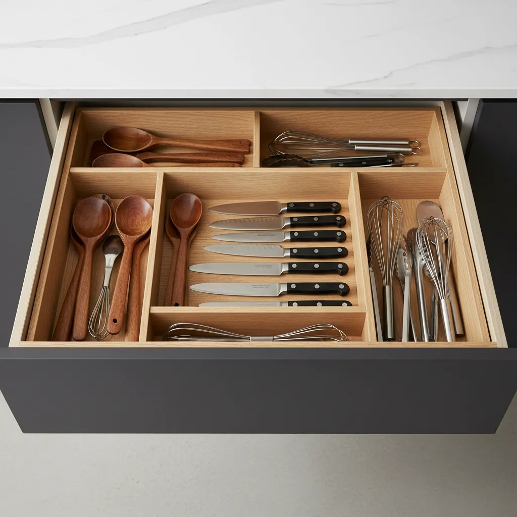 Kitchen drawer with organized utensil dividers improving cooking workflow