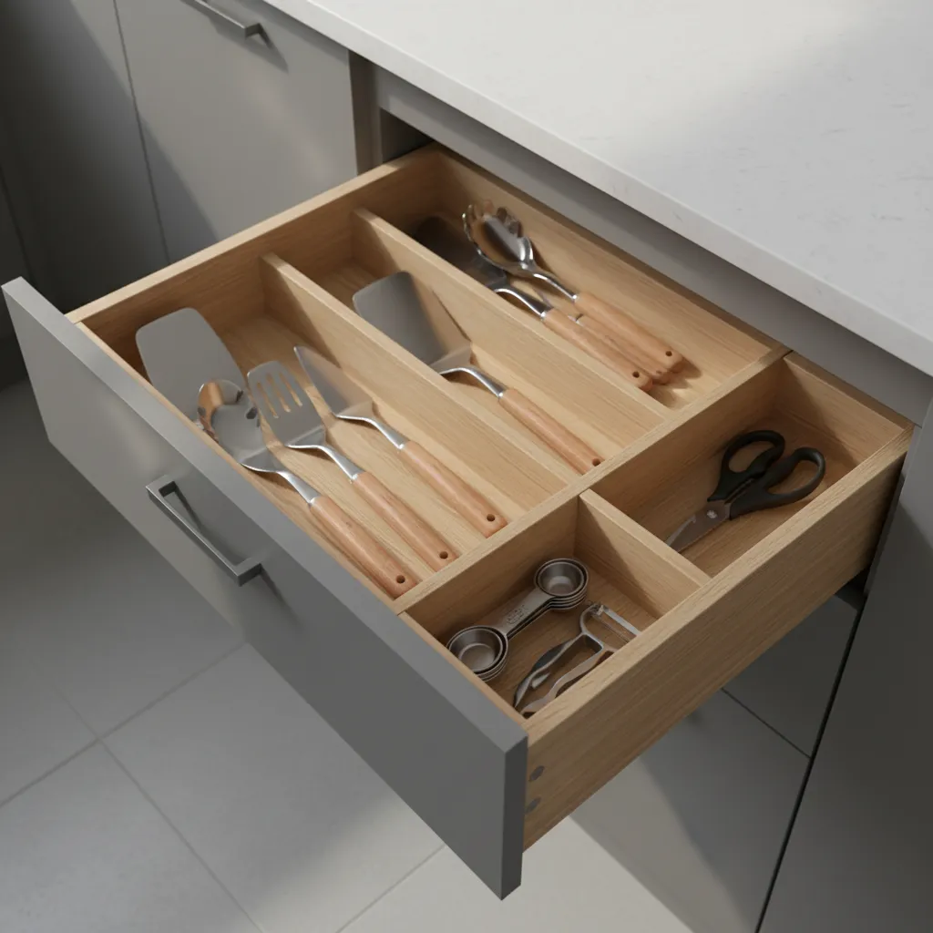 Kitchen drawer organizer with neatly arranged cooking utensils