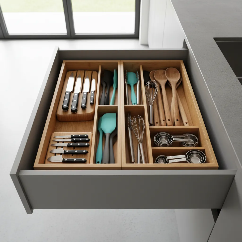 Organized kitchen drawer with small cooking utensils
