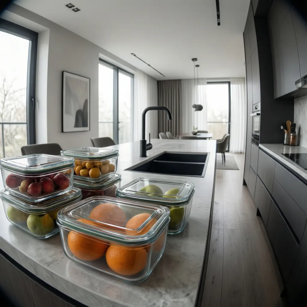 Kitchen storing fruit in sealed containers to prevent fruit flies