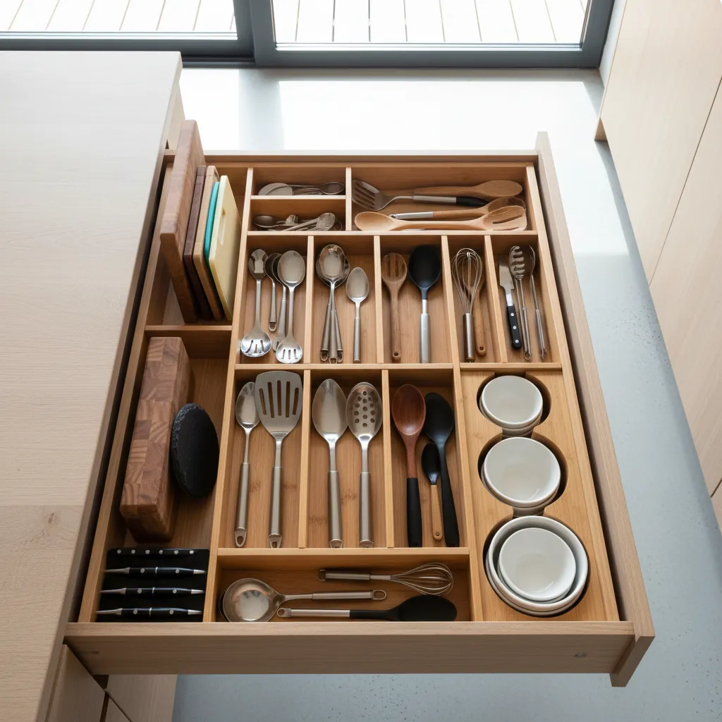 Organized kitchen island storage zones with utensils bowls and prep tools
