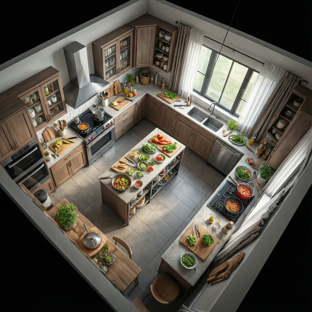 organized kitchen layout with clear prep cooking and storage zones