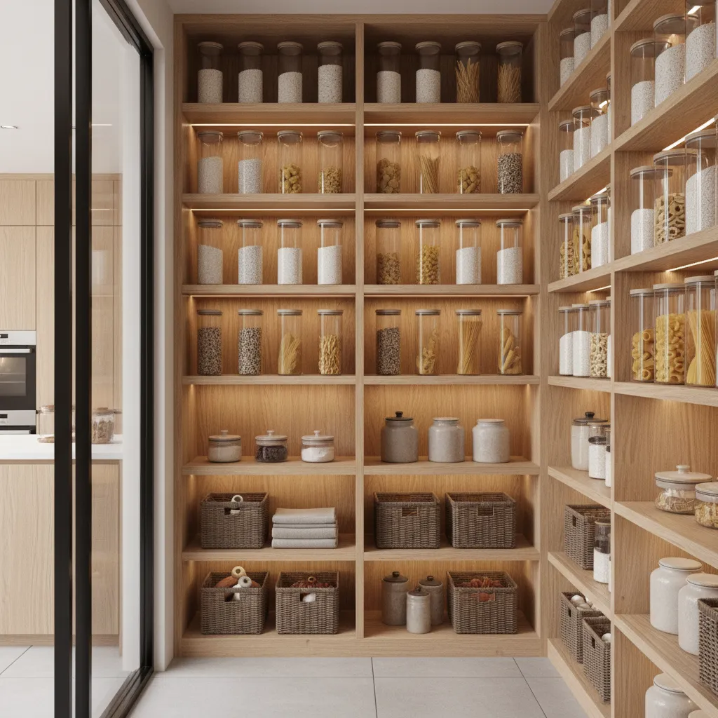 organized pantry shelves with airtight containers for grains