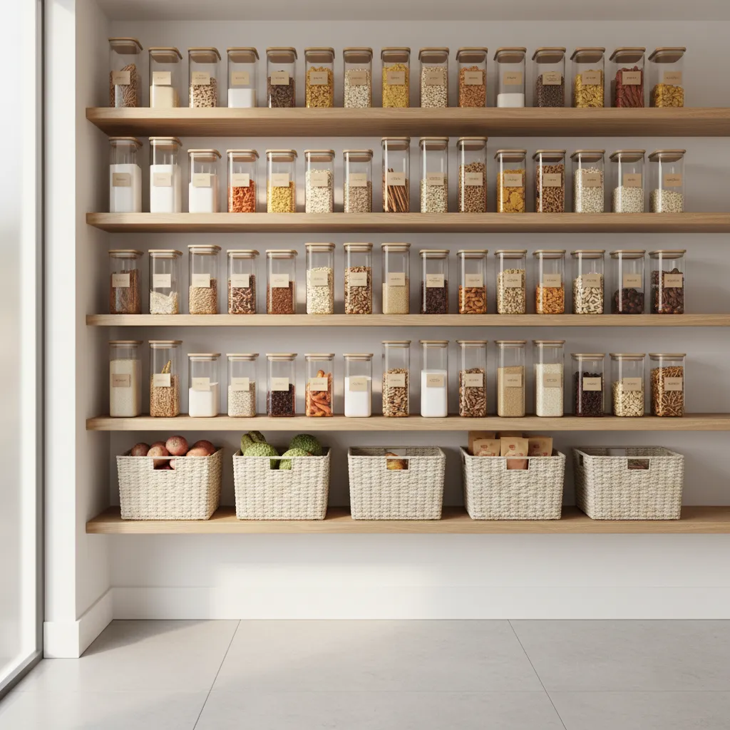 organized kitchen pantry with airtight containers preventing food exposure
