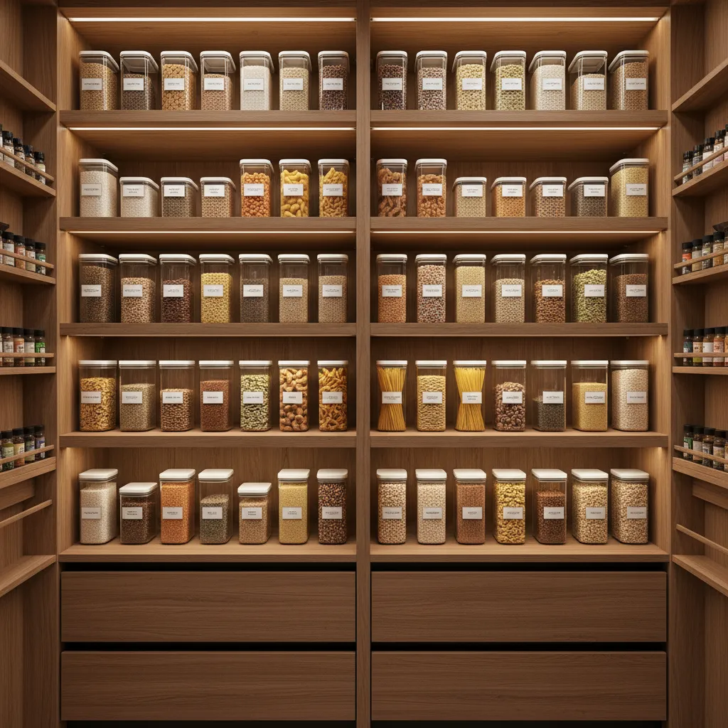 Organized kitchen pantry with airtight food containers preventing pests