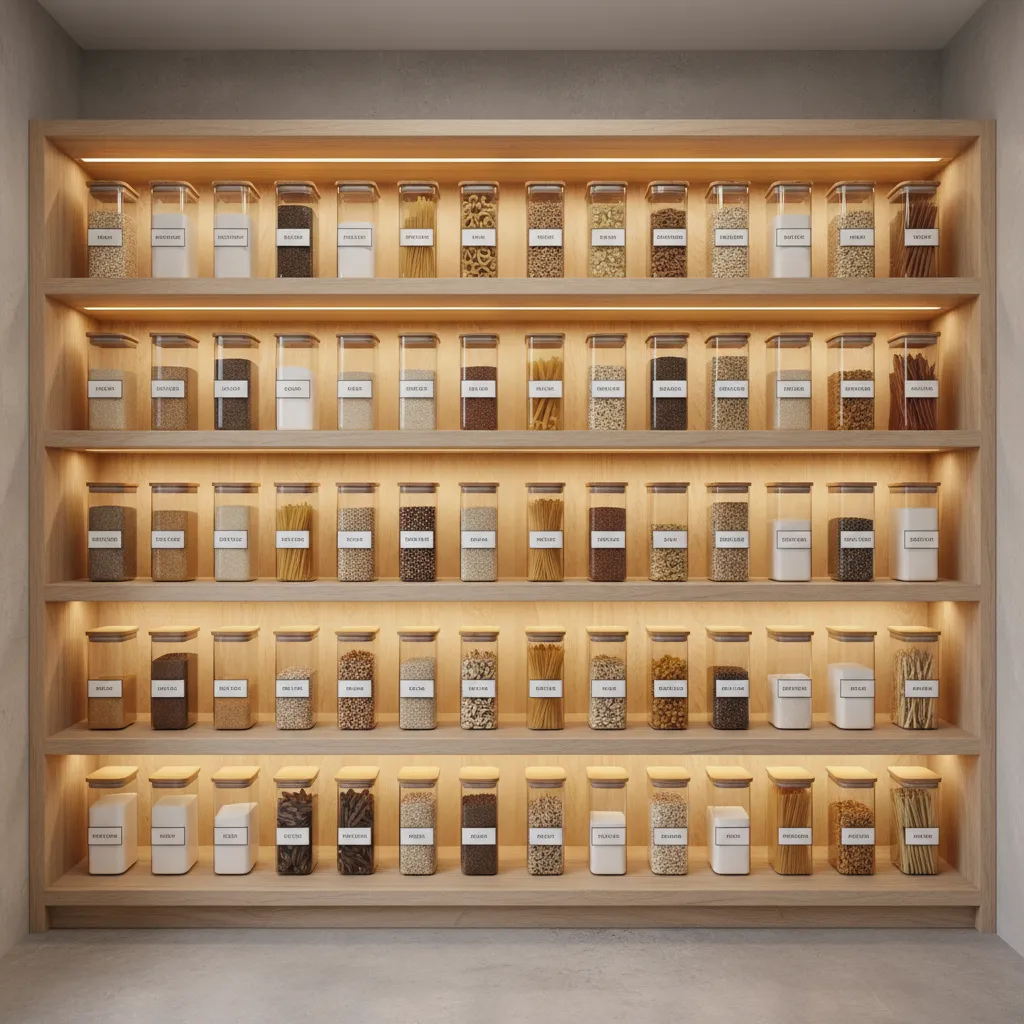 Organized kitchen pantry with sealed containers preventing insects