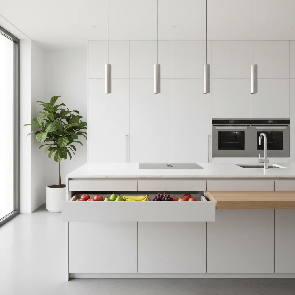 organized kitchen storage with closed trash cabinet and clean counters