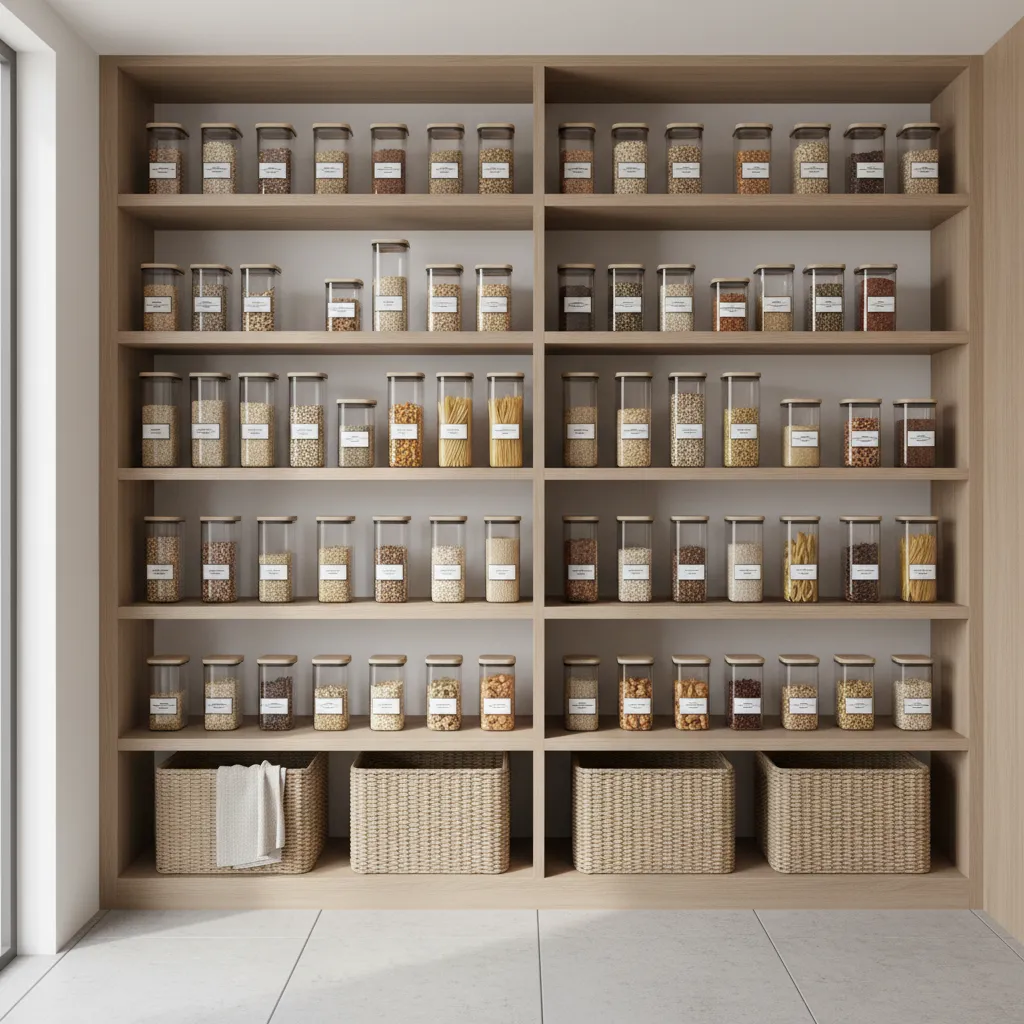 organized kitchen pantry storage with sealed glass food containers