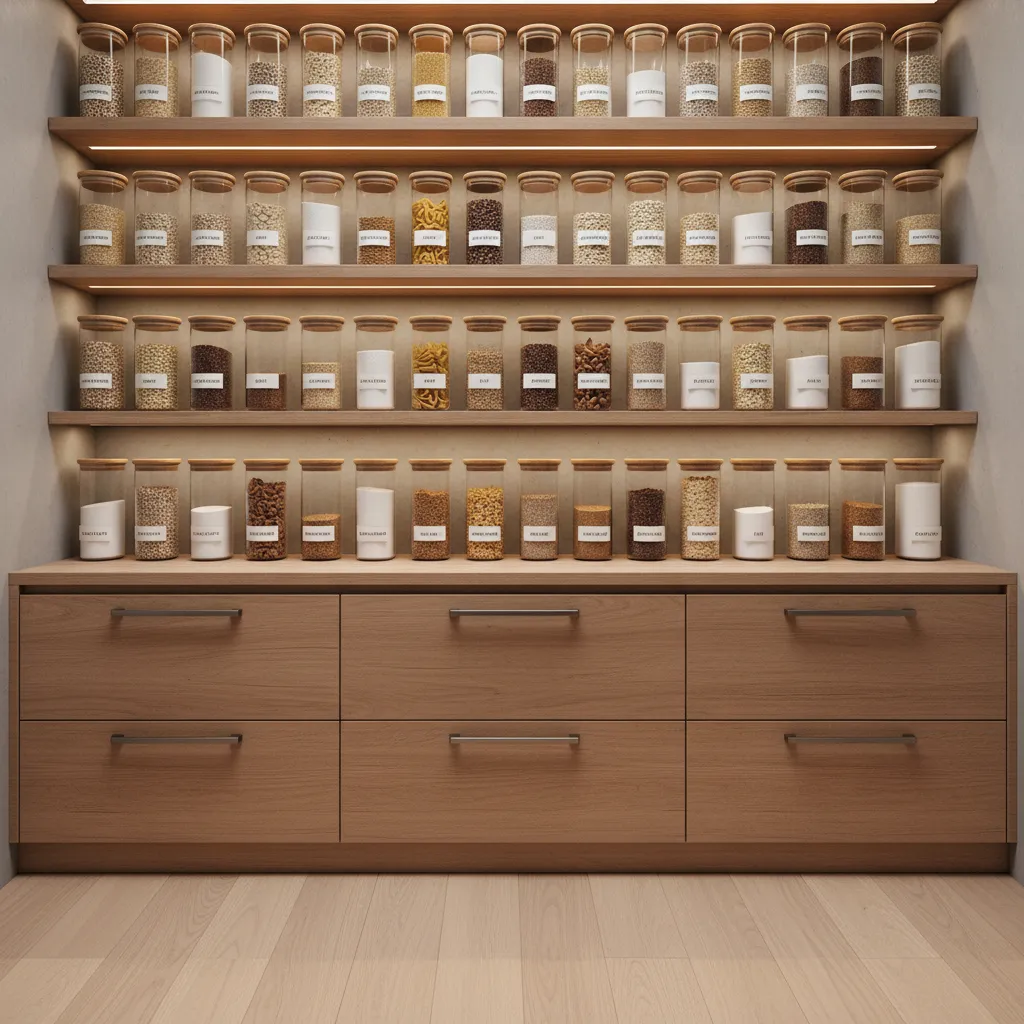 Well organized kitchen pantry and sealed containers preventing insects