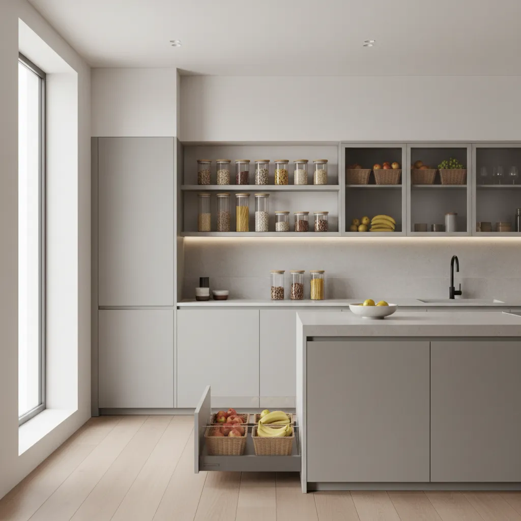 organized kitchen storage layout with sealed food containers