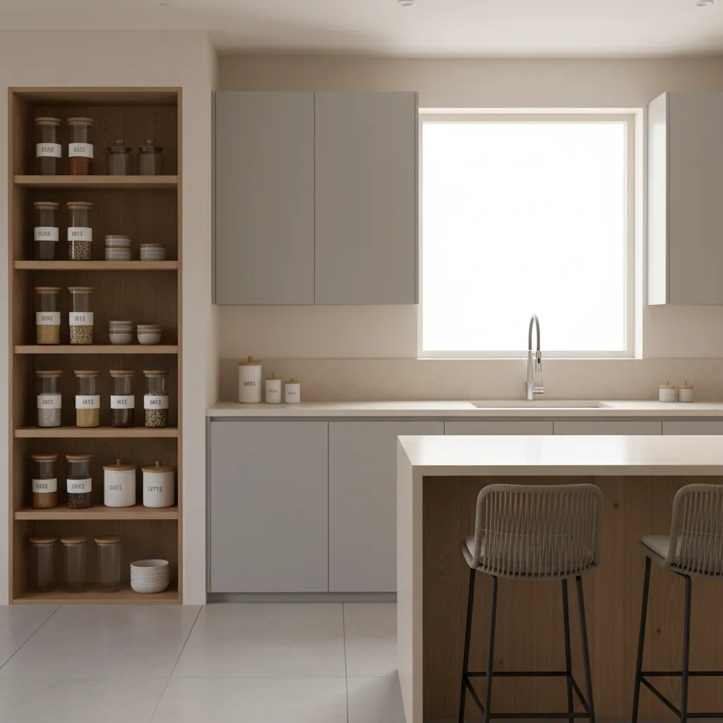 Well organized modern kitchen storage and sealed containers reducing pest risk