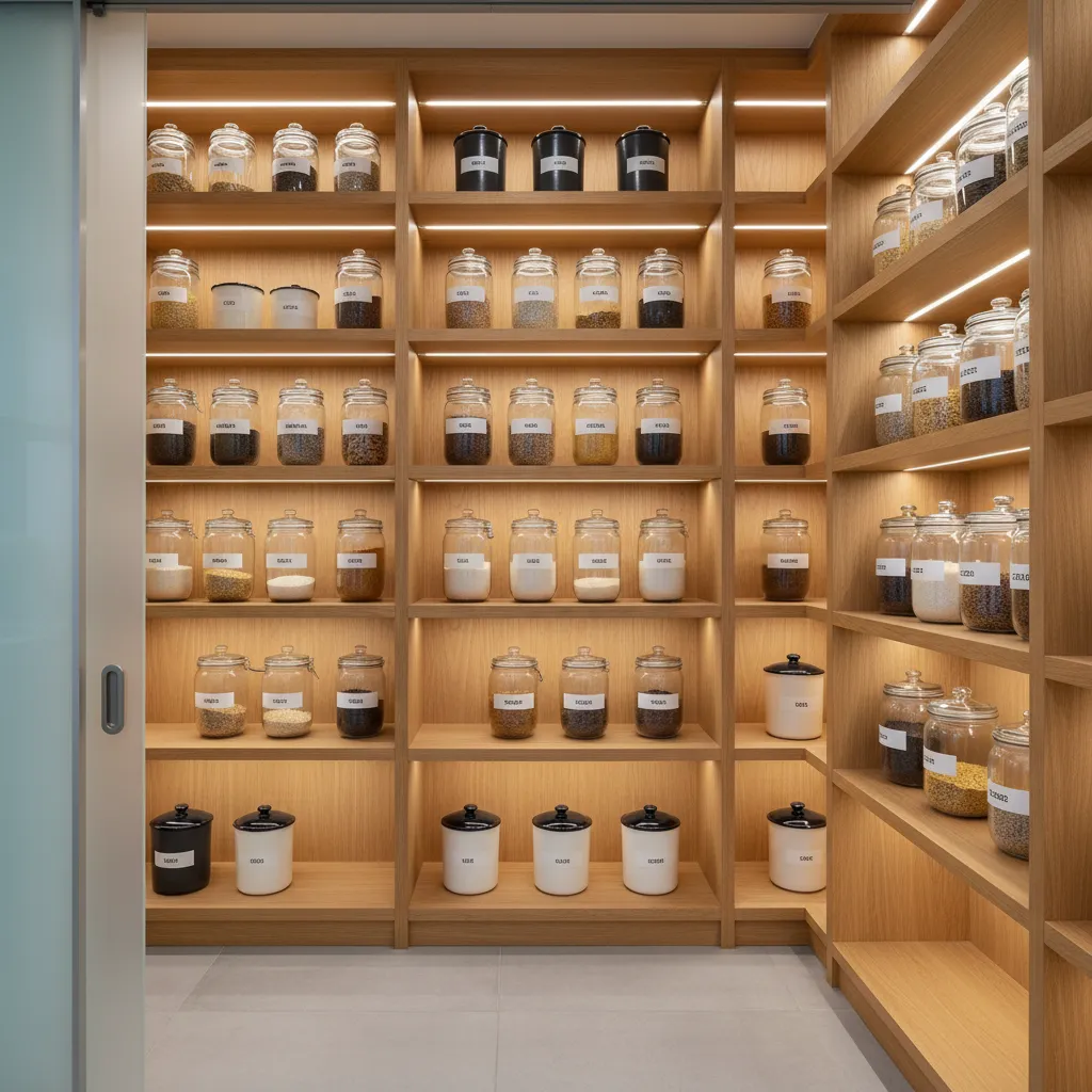 well organized kitchen pantry with sealed containers preventing cockroaches