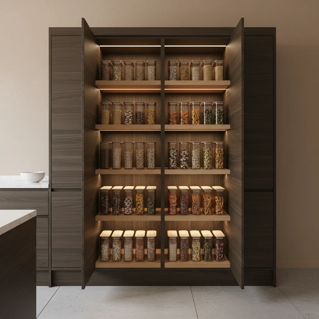 organized pantry shelves with sealed food containers preventing kitchen pests