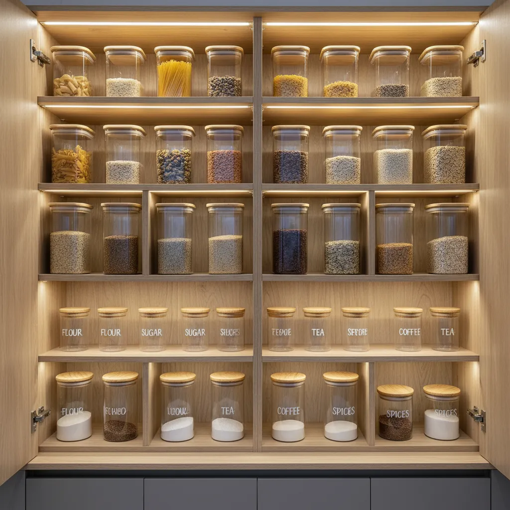 Organized kitchen cabinet with sealed containers preventing cockroach access