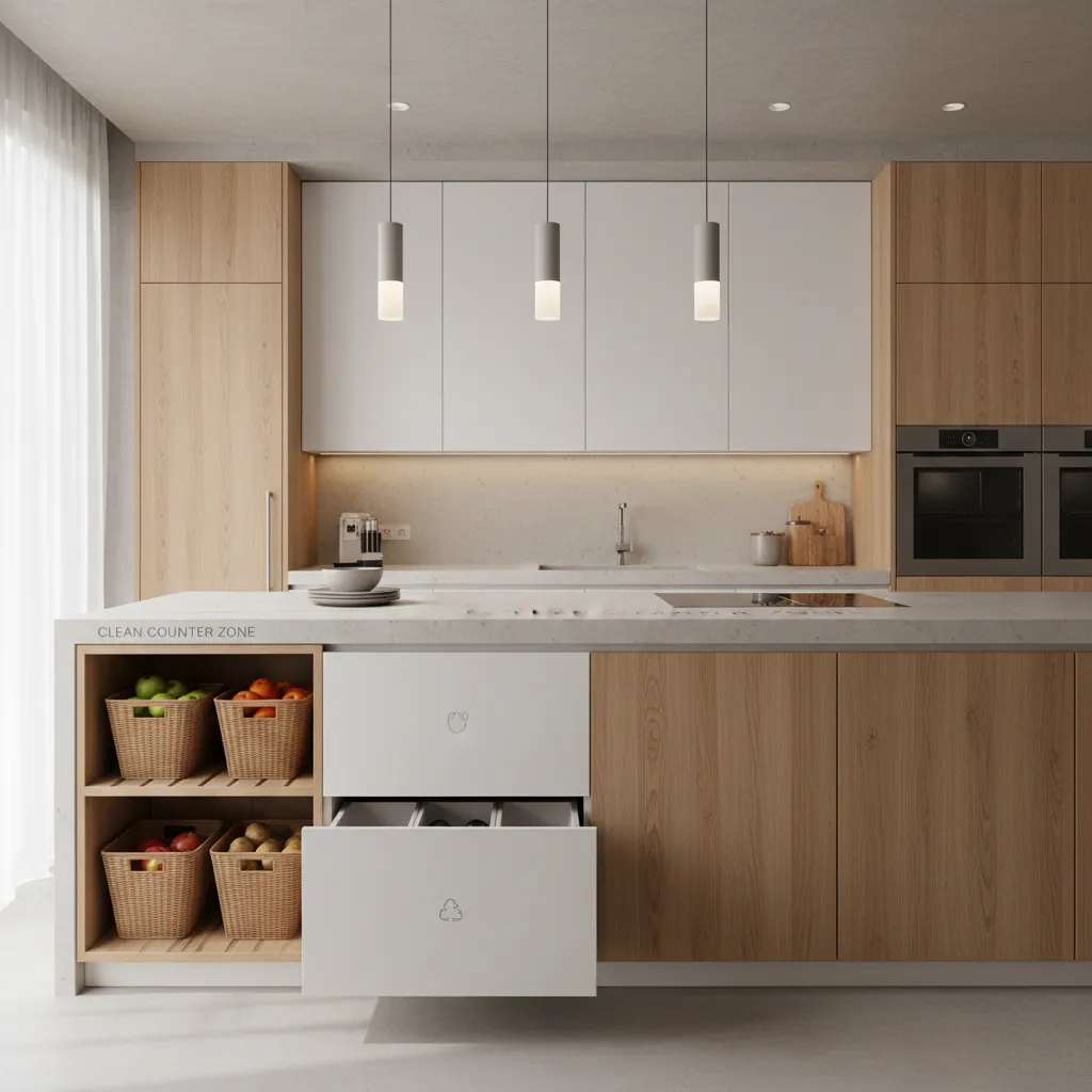 organized kitchen layout with separate trash and food zones preventing flies