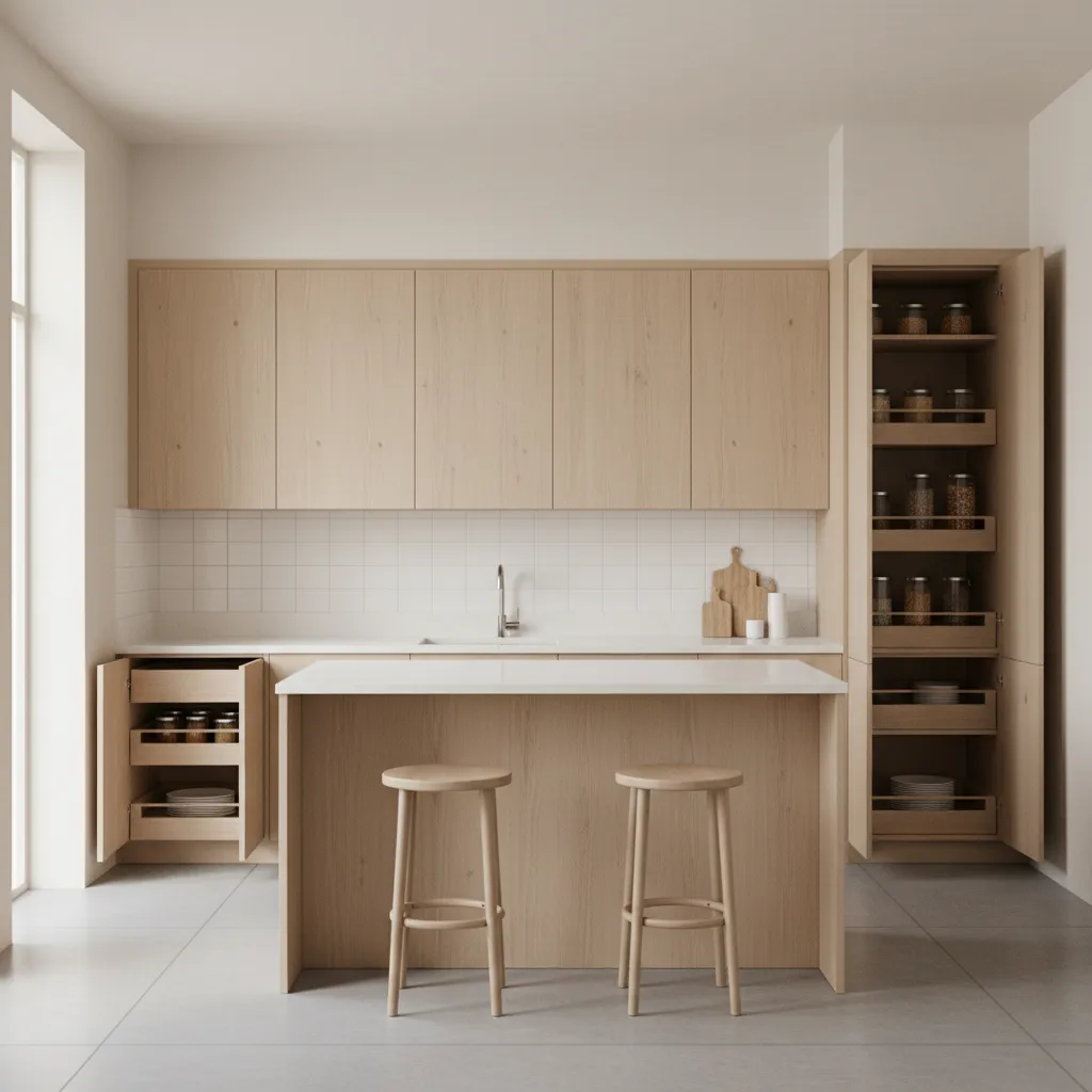 well organized kitchen storage and uncluttered counter layout