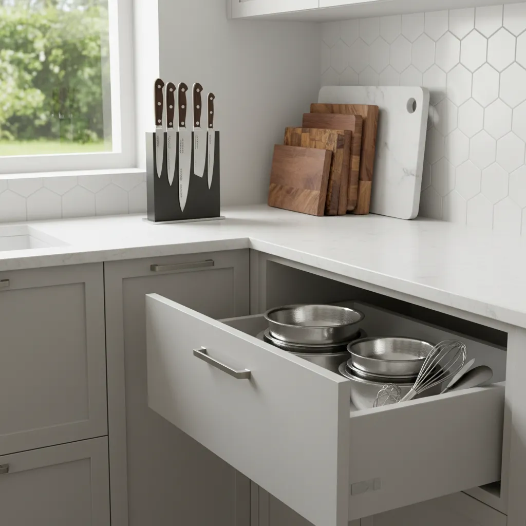 Kitchen prep area with knives, cutting boards, and bowls organized near the counter