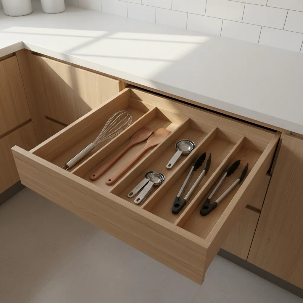 Open wooden kitchen drawer featuring organized tools including whisk wooden spoons and metal cooking tongs