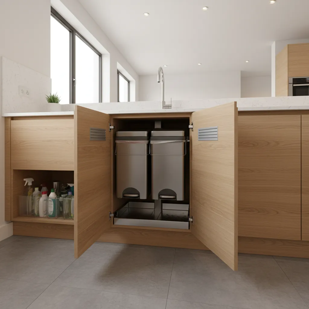 organized kitchen waste bin storage under sink with ventilation