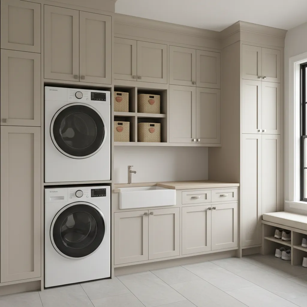 Well organized laundry mudroom cabinets and storage system
