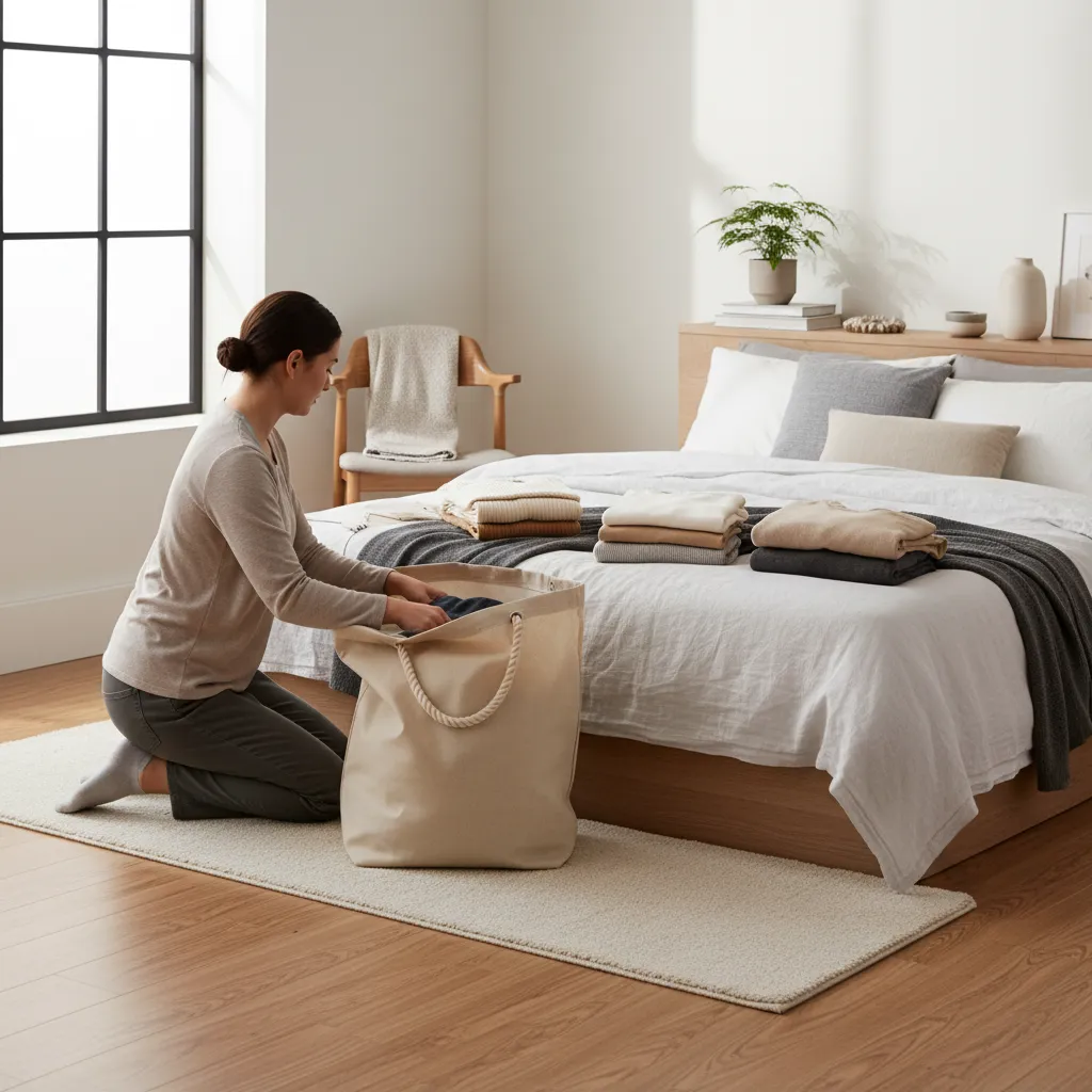 Person preparing laundry in a clean bag before entering shared apartment laundry room