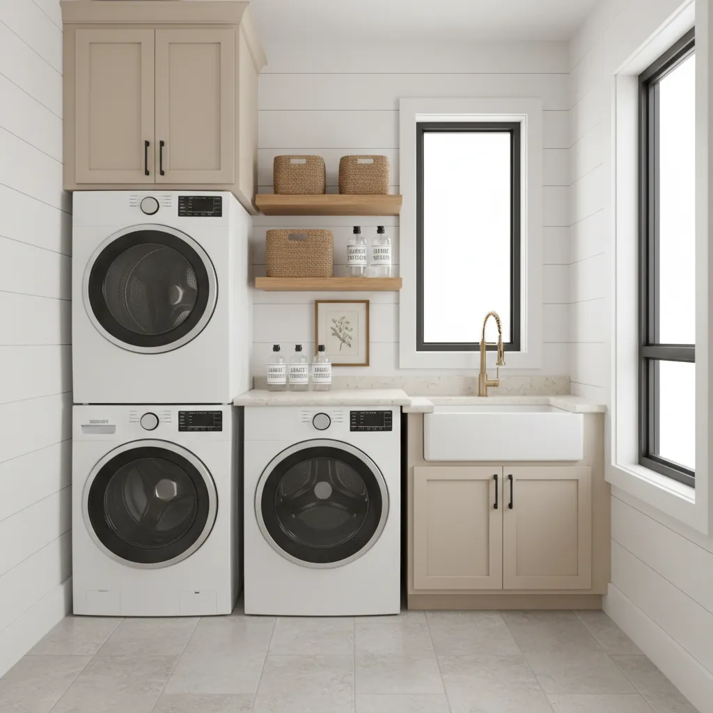 Laundry room with overhead cabinets and shelves for organized storage