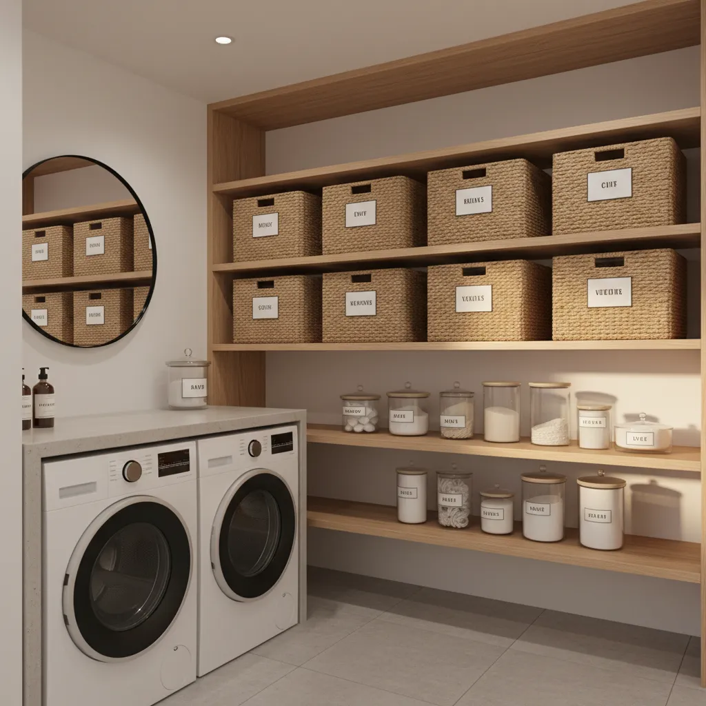 Laundry room shelves organized with matching storage baskets