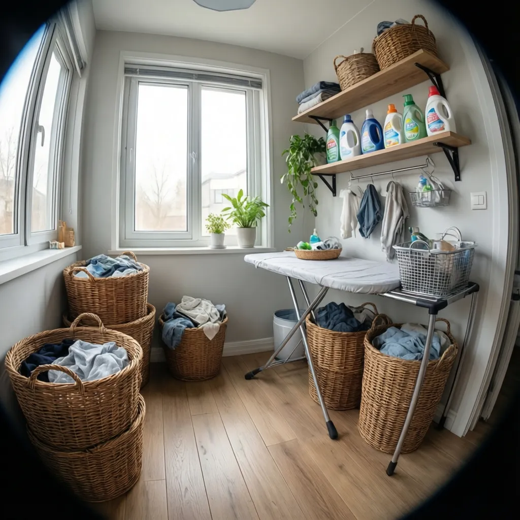 Organized laundry routine setup with baskets and folding area