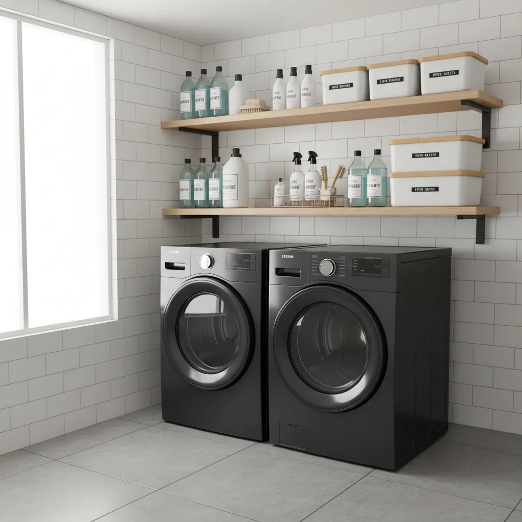 Two black washing machines under wooden shelves with labeled white bins and laundry detergent bottles