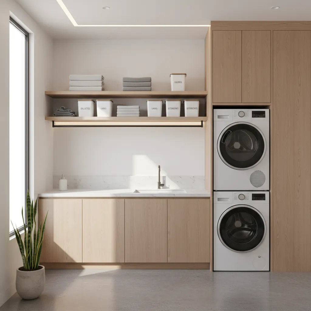 Well organized laundry room with sealed storage bins preventing textile pests