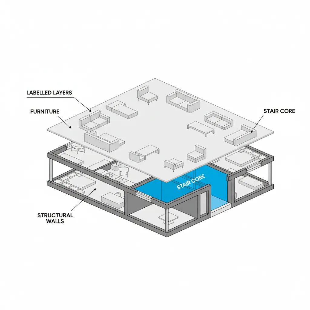 organized architectural floor plan layers showing structural and furniture layers