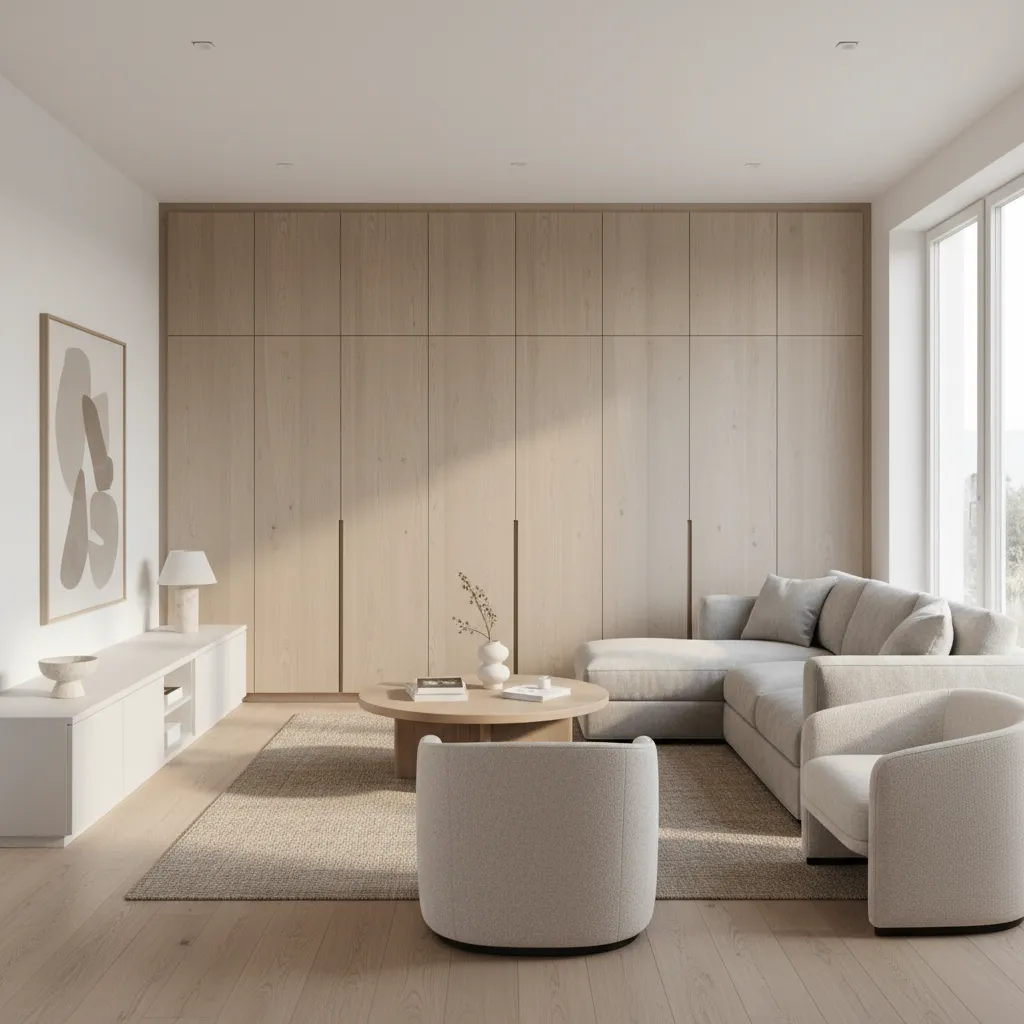 Bright living room with large wooden wall panel storage light grey sofa and coffee table