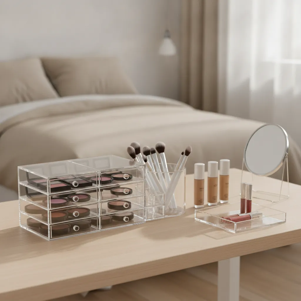 Clean vanity countertop with neatly arranged makeup organizers and brushes