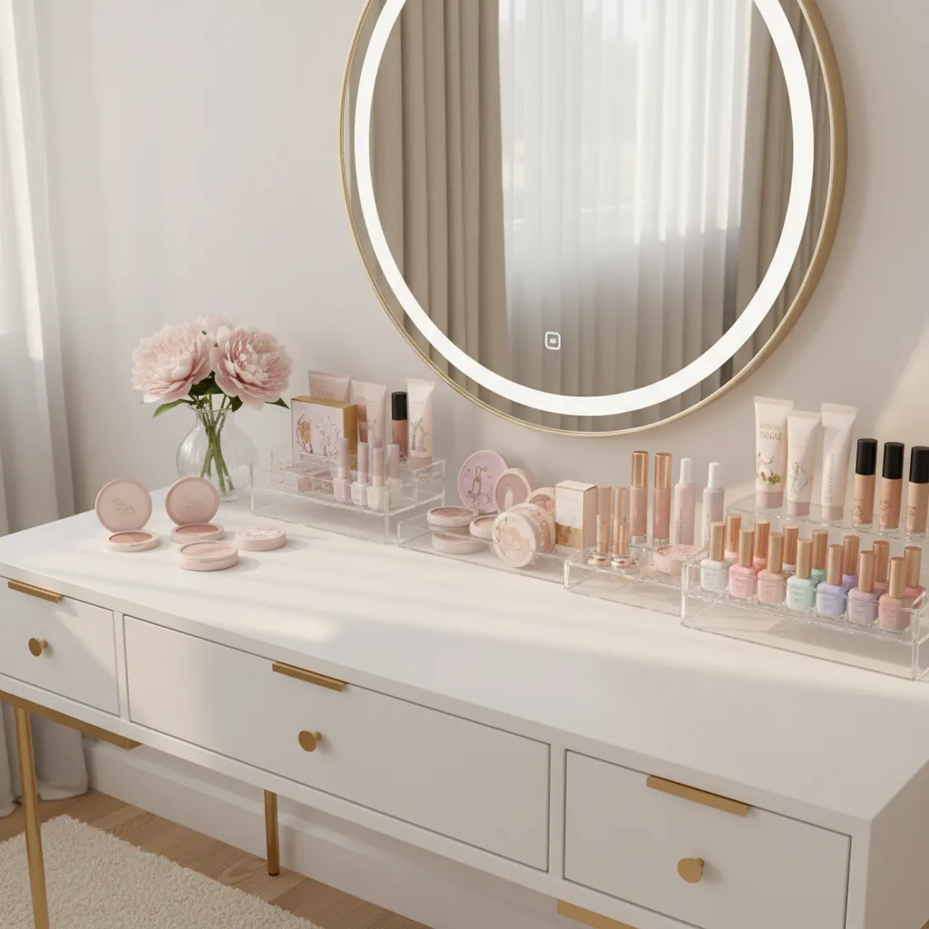 Organized makeup vanity with cruelty free beauty products arranged in storage drawers