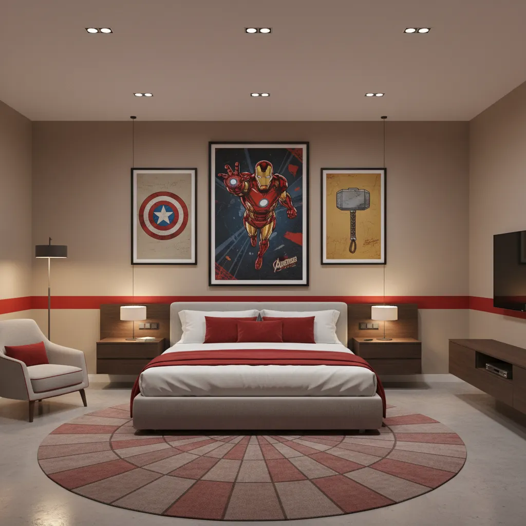 organized Marvel poster wall layout above bed in themed bedroom