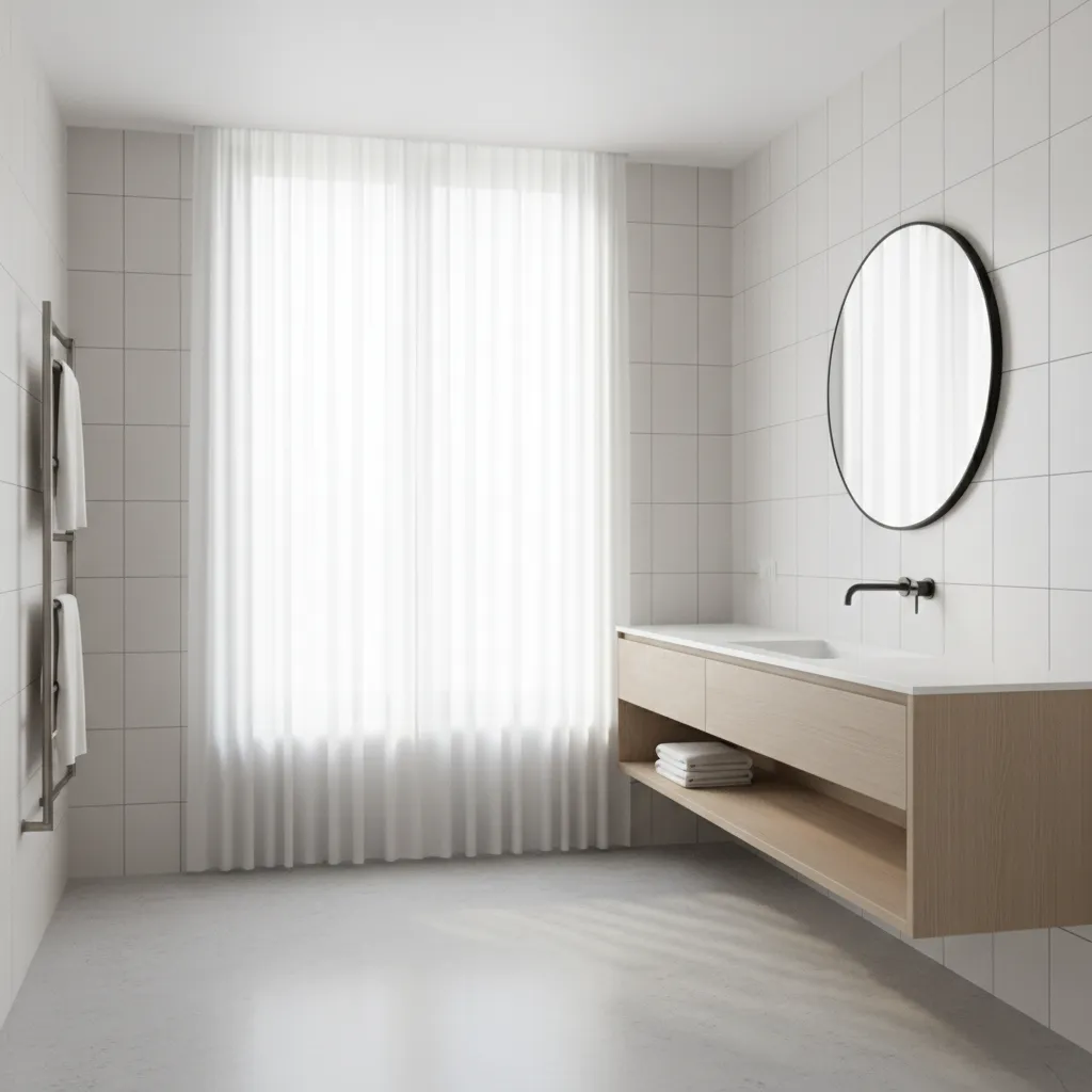 Minimalist bathroom interior with clean surfaces and organized towels