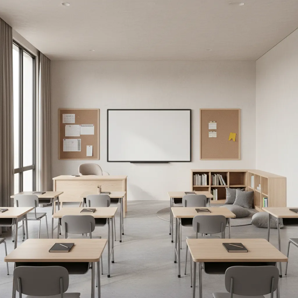 Organized minimalist classroom learning zones with reading and instruction areas