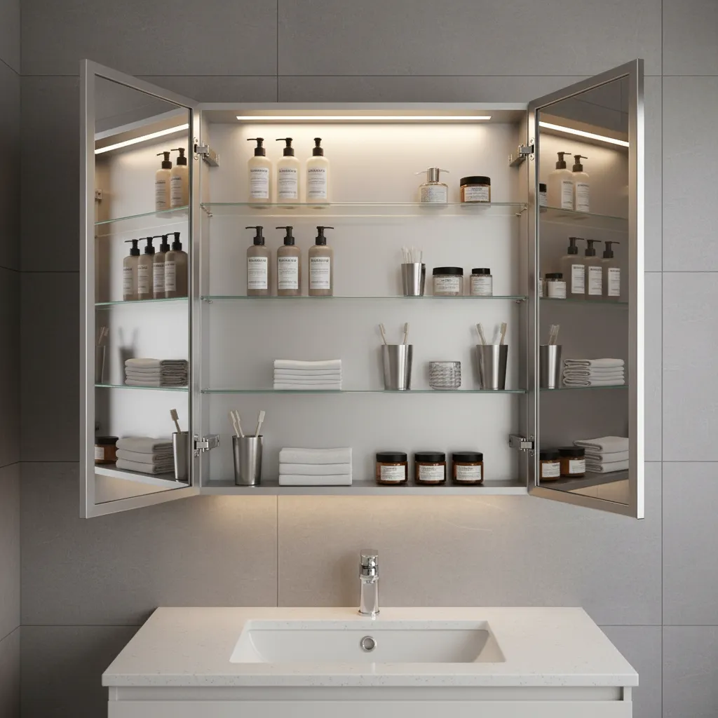 Open mirrored bathroom cabinet showing organized shelves