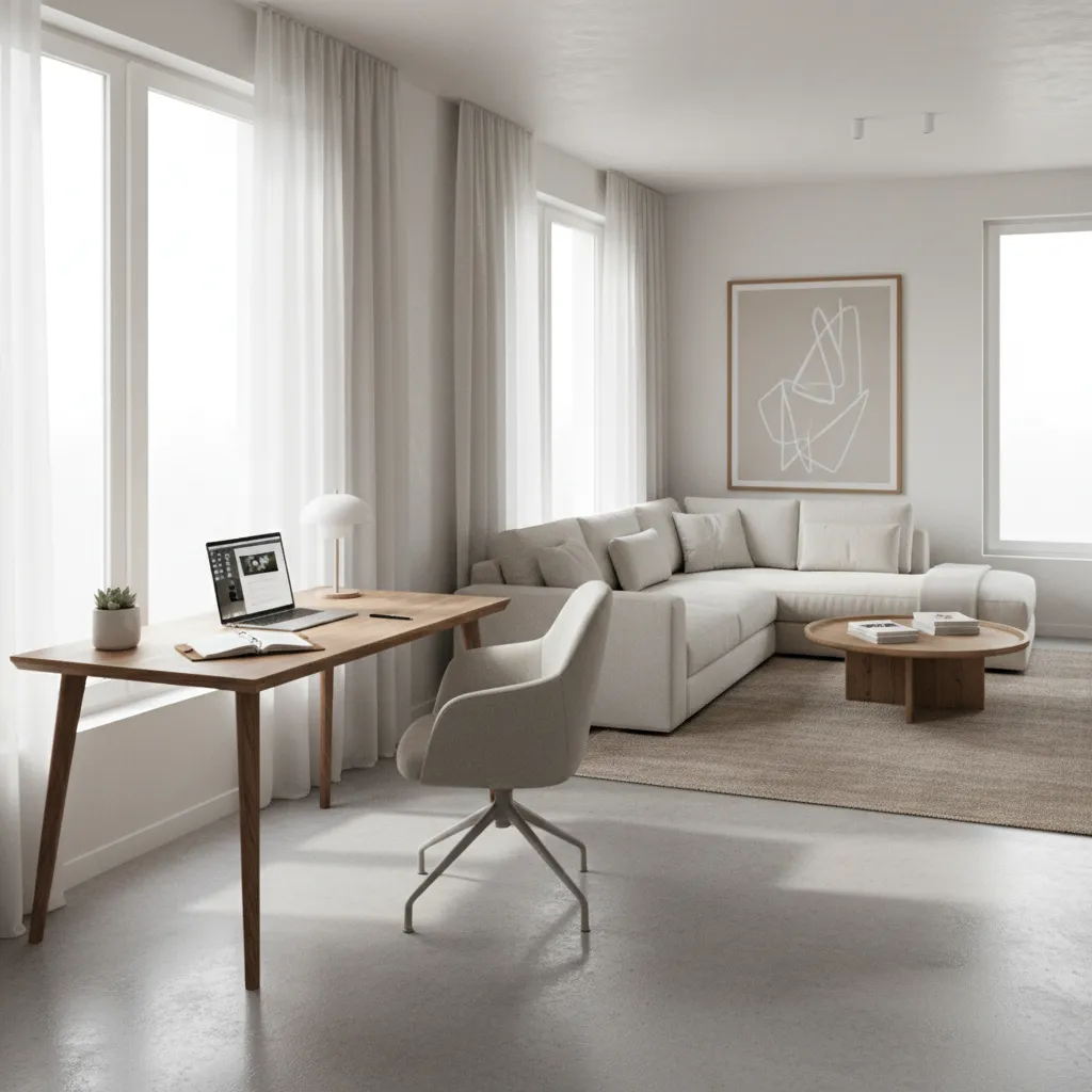 Well organized modern home workspace and living area representing the role of a homemaker