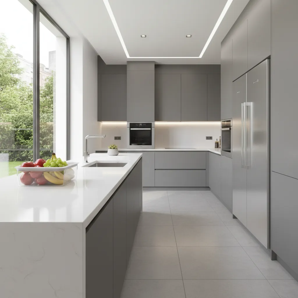 organized modern kitchen with clean counters preventing fruit flies