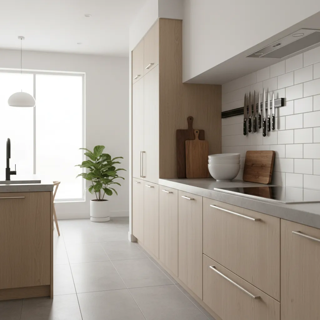 Well organized modern kitchen counter with practical cooking tools