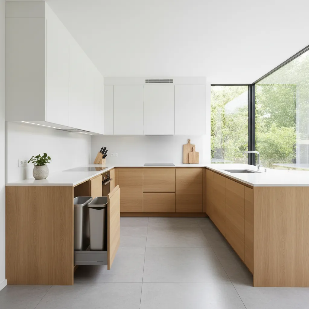 Well organized modern kitchen layout with clean prep and waste zones