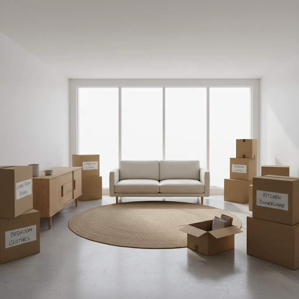 organized moving boxes stacked in a living room before relocation