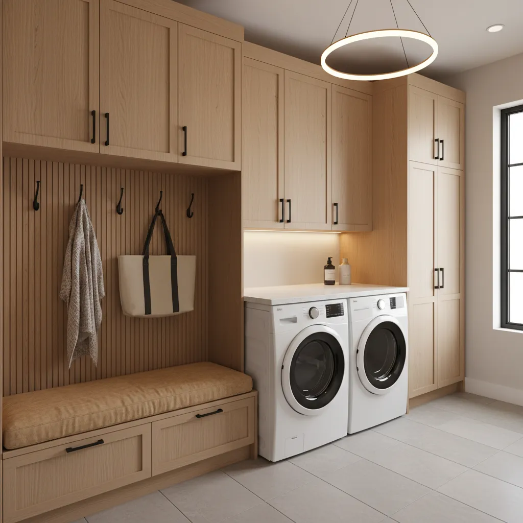 Organized mudroom laundry room with cabinets hooks bench and lighting