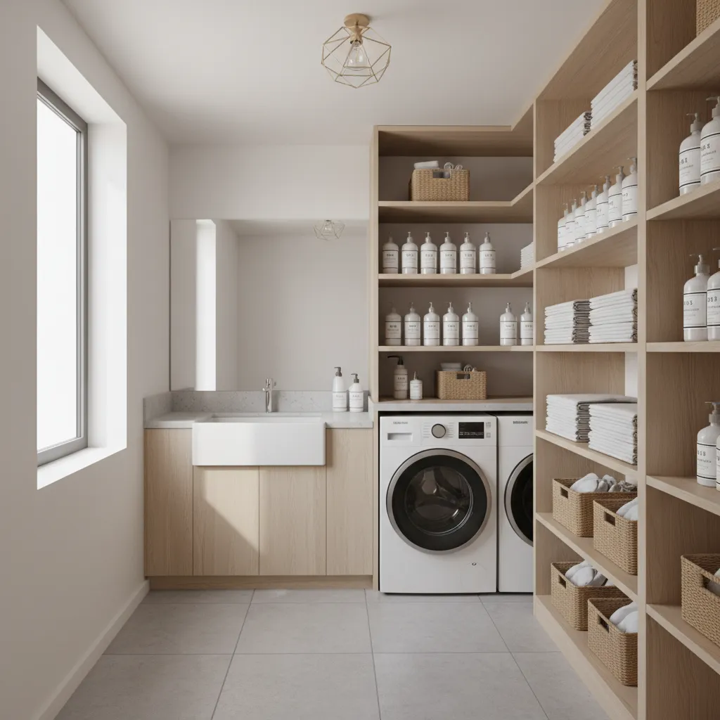 organized laundry room with narrow wall shelves storing detergent and baskets