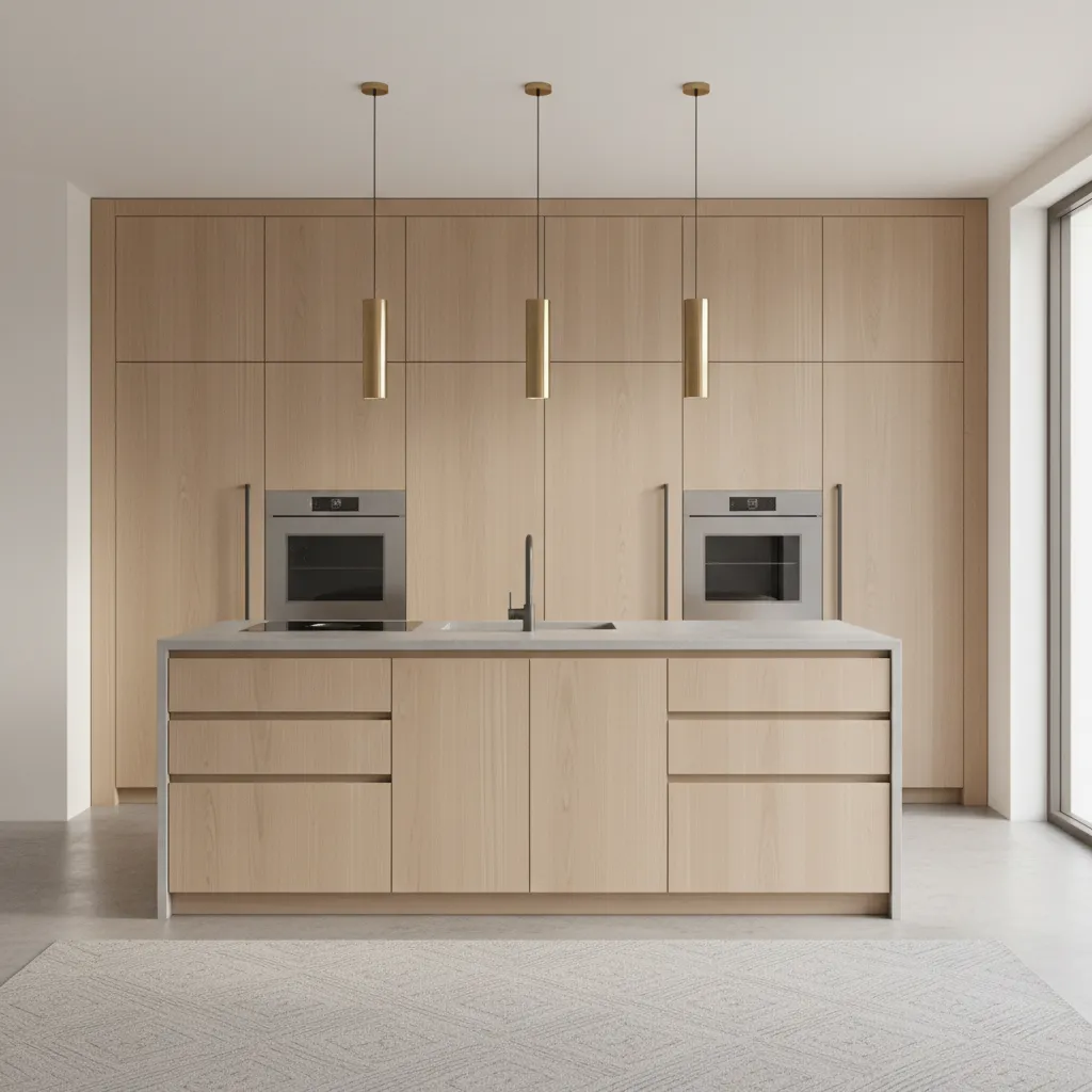 Well organized open kitchen with hidden storage and clean counters
