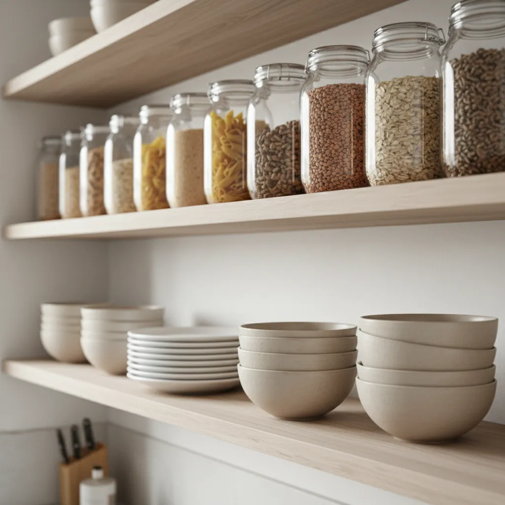Organized open shelf kitchen with labeled jars and dishes