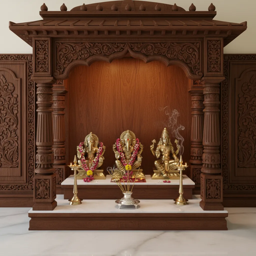 organized pooja mandir with limited idols and clean arrangement