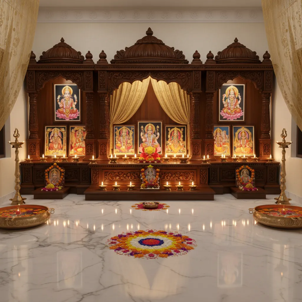 organized pooja room with symmetrical deity photo arrangement