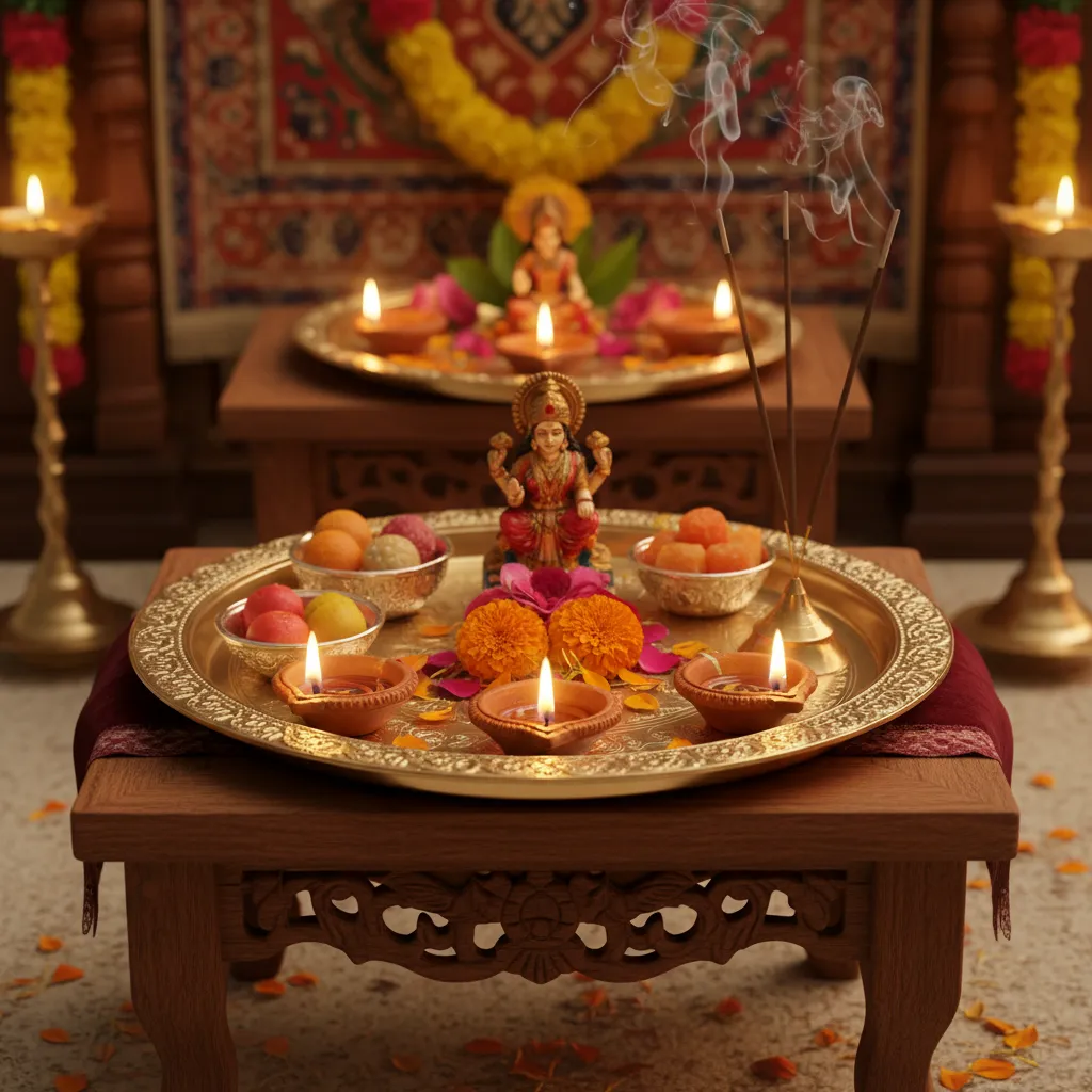 organized pooja tray with diyas flowers sweets and incense for Laxmi pooja